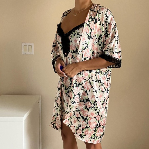 Fantasies by Morgan Taylor Slip Dress & Robe Set Lace Floral Print Size S - Picture 3 of 16